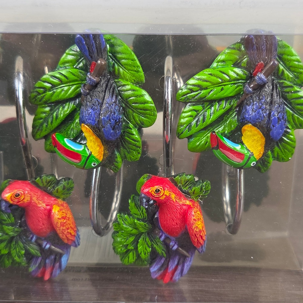 Vintage NOS Rainforest Shower Curtain Hooks Parrot Toucan Set of 12 Tropical